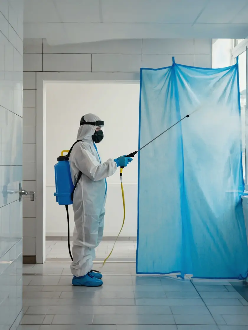 Technician disinfecting bathroom tiles behind sealed containment sheeting