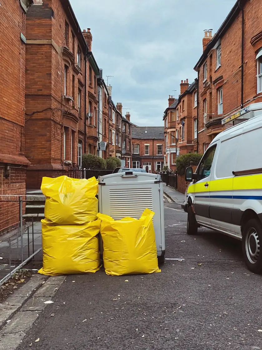 Biohazard waste bags sealed for licensed disposal beside the response van