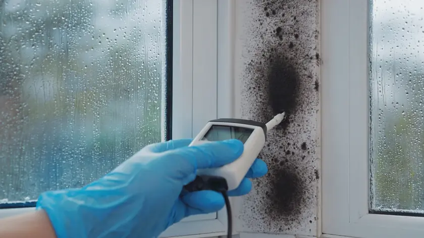 Moisture meter reading against a black mould stained wall