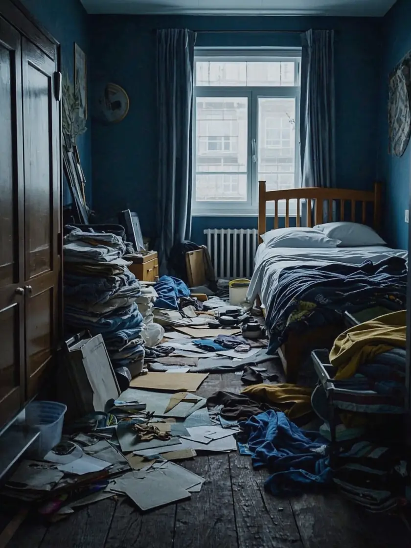 Severely cluttered bedroom before an extreme clean