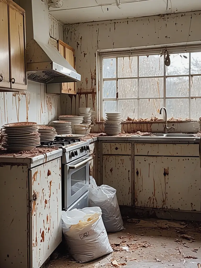 Severely neglected kitchen with heavy grease staining before cleaning