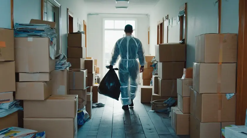 Technician carrying sealed waste through a severely cluttered Newcastle property