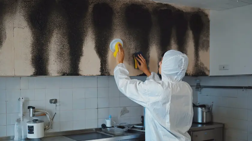 Technician cleaning heavy soot staining from a fire damaged Newcastle kitchen wall