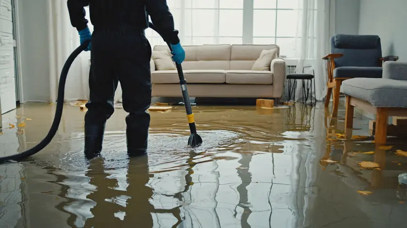 Technician extracting standing flood water from a living room