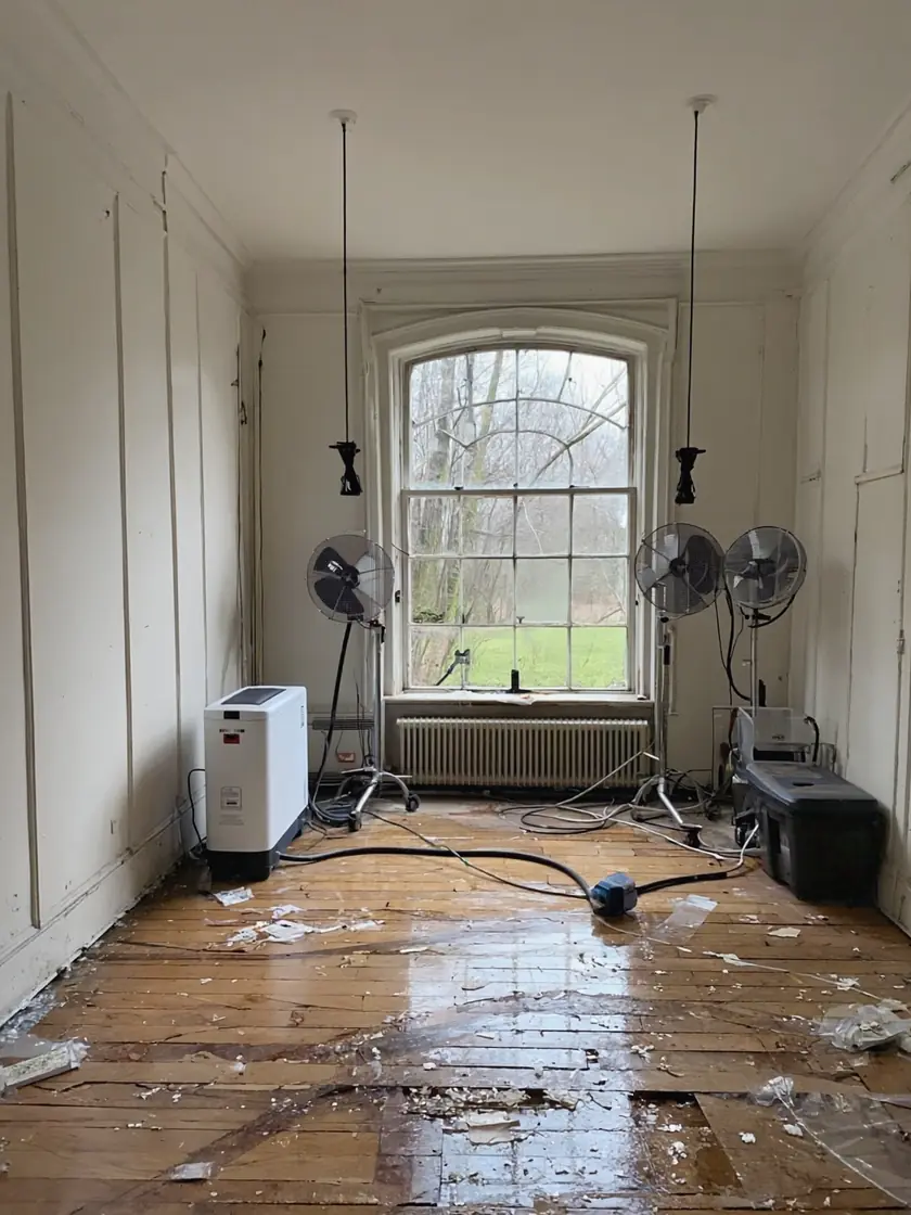 Industrial air movers and a dehumidifier drying a flood damaged living room