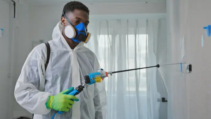 Technician in full PPE treating a contaminated room under containment