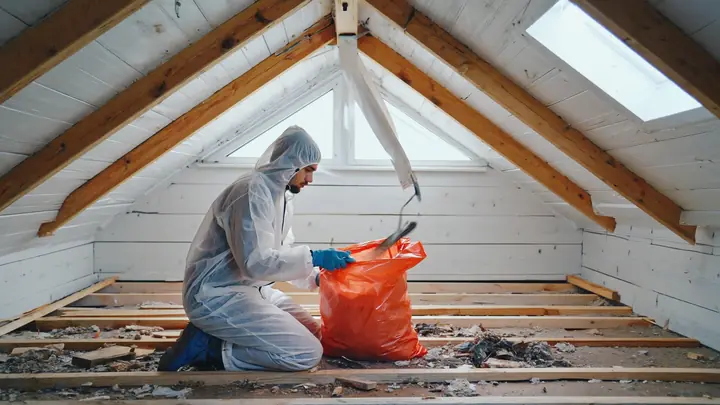 Gloved specialist removing contamination from a property loft space