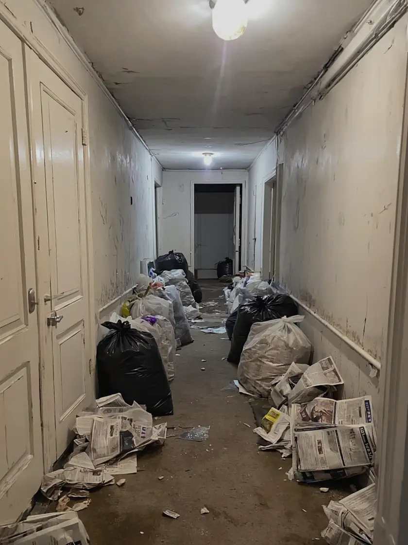 Narrow cleared path through a severely hoarded hallway