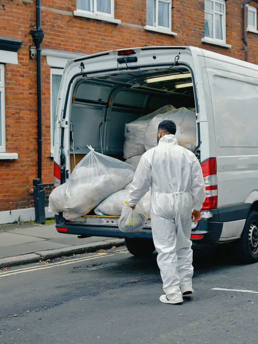 Van being loaded with cleared waste outside a Newcastle property