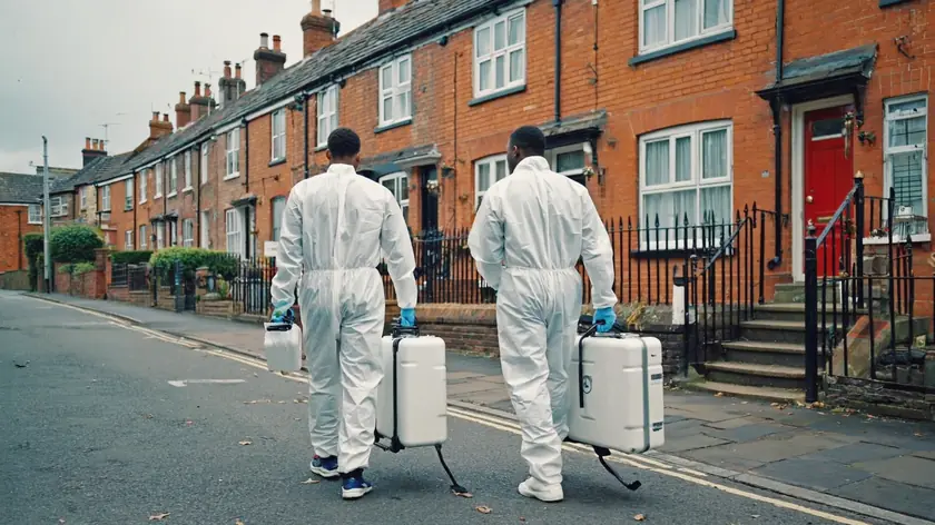Newcastle Bio Team technicians in protective equipment arriving at a Newcastle terraced property