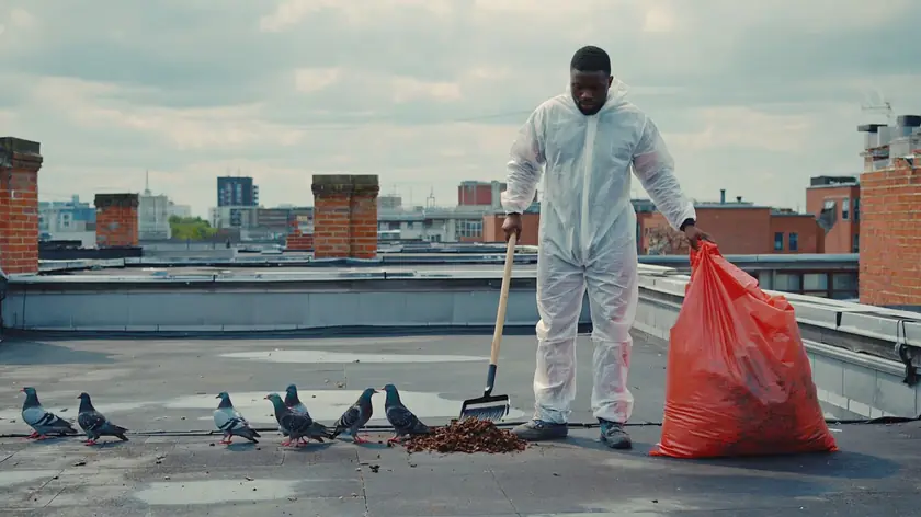 Pigeon droppings crusted along a rooftop parapet ledge in Newcastle