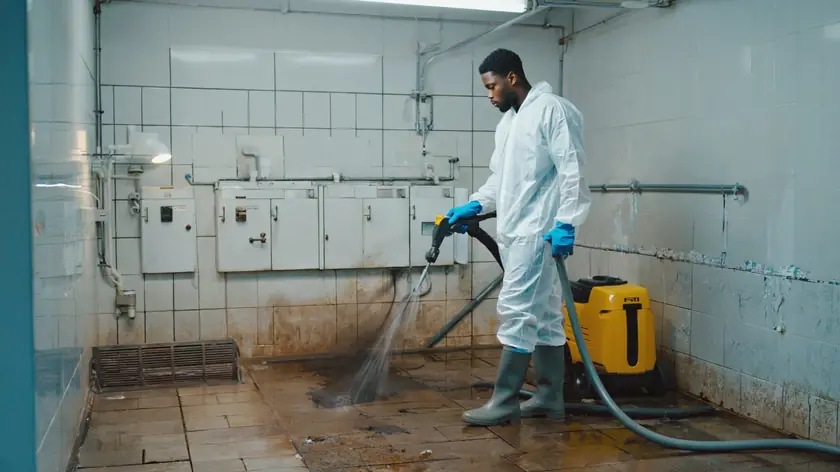 Technician extracting contaminated water from a Newcastle utility room after a sewage backup