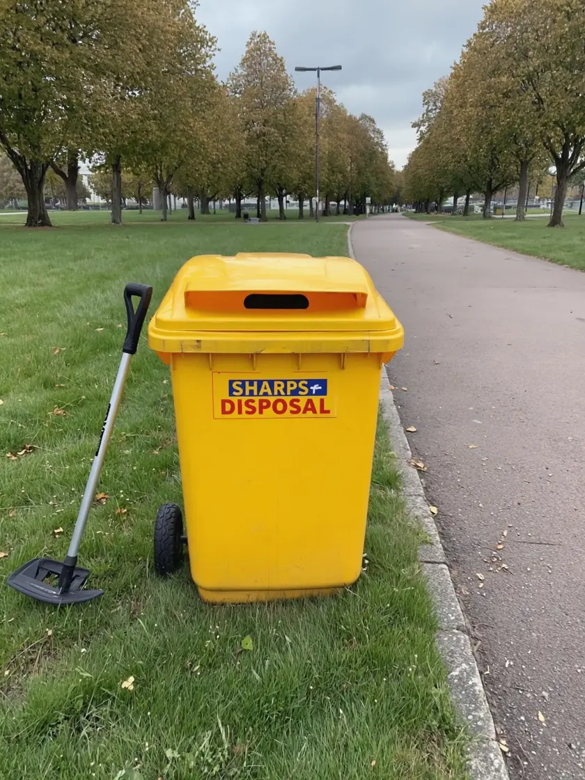 Sharps disposal bin sealed and labelled for collection