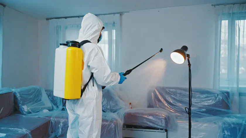Technician disinfecting a domestic room after a traumatic incident